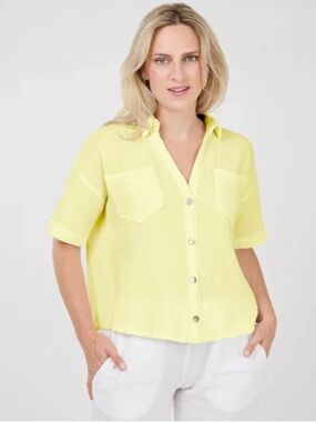 SUNBURST KISS Women V Neck Two Pockets Button Front Lime Shirt Top | L